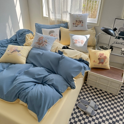91家纺网 家纺一手货源 找家纺 （总）2025新款纯色双拼水洗棉四件套搭配抱枕组合套装裸睡软糯床单被套枕套床上用品