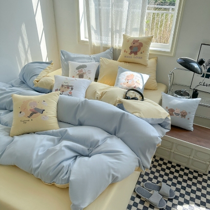 （总）2025新款纯色双拼水洗棉四件套搭配抱枕组合套装裸睡软糯床单被套枕套床上用品