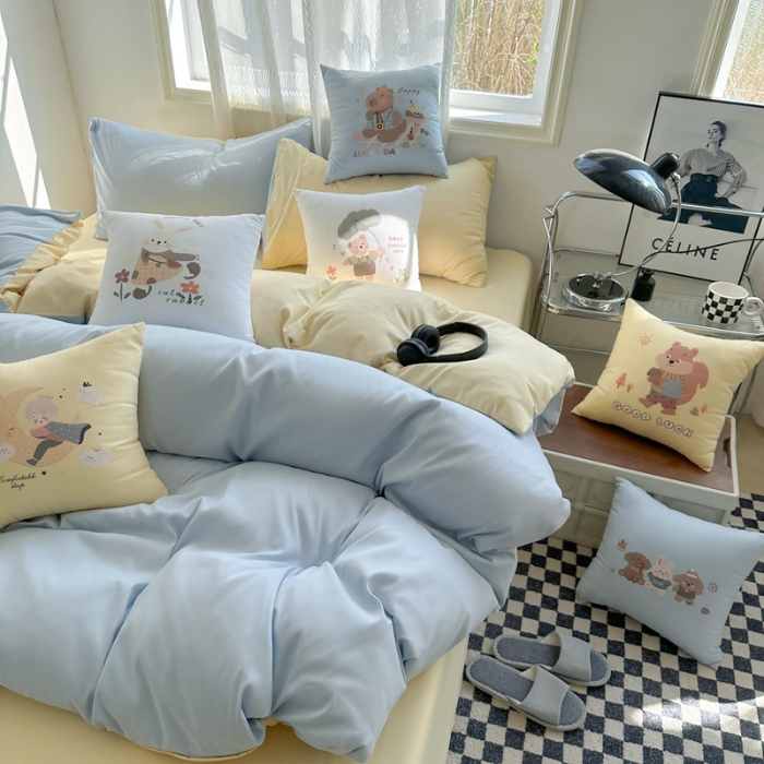 91家纺网 家纺一手货源 找家纺 （总）2025新款纯色双拼水洗棉四件套搭配抱枕组合套装裸睡软糯床单被套枕套床上用品