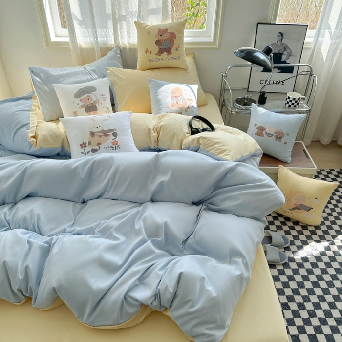 91家纺网 家纺一手货源 找家纺 （总）2025新款纯色双拼水洗棉四件套搭配抱枕组合套装裸睡软糯床单被套枕套床上用品