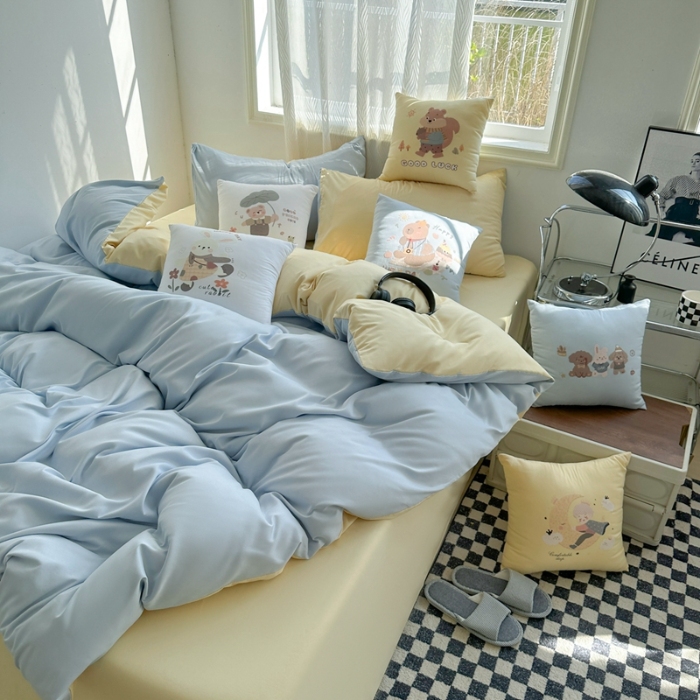 91家纺网 家纺一手货源 找家纺 （总）2025新款纯色双拼水洗棉四件套搭配抱枕组合套装裸睡软糯床单被套枕套床上用品