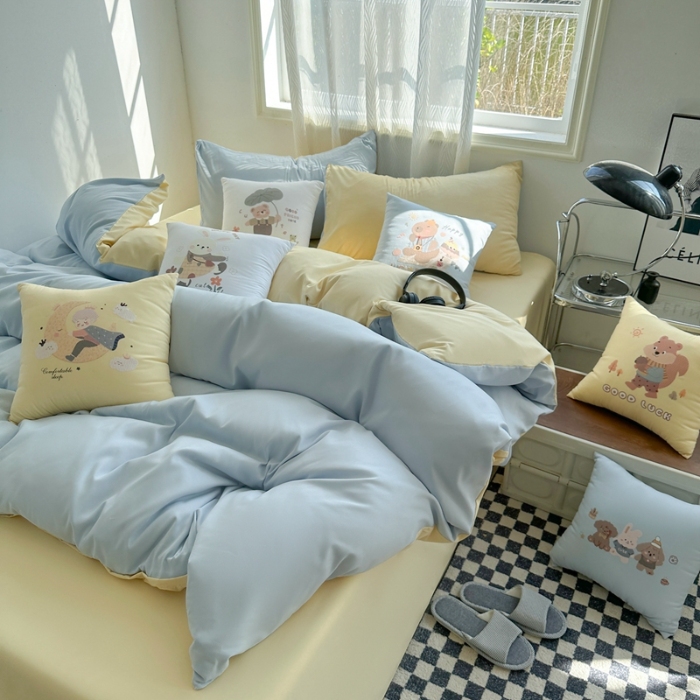 91家纺网 家纺一手货源 找家纺 （总）2025新款纯色双拼水洗棉四件套搭配抱枕组合套装裸睡软糯床单被套枕套床上用品