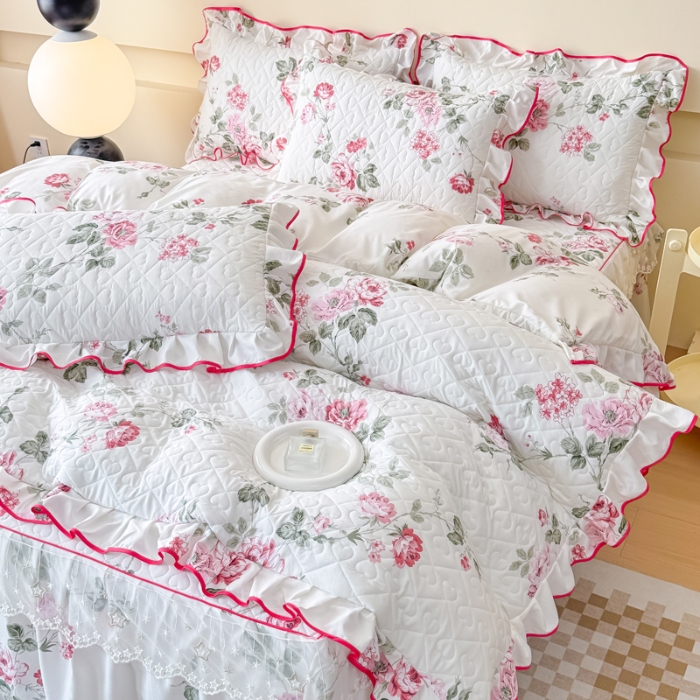 91家纺网 家纺一手货源 找家纺 （总）2025云朵棉多功能印花全夹棉床裙四件套 夹棉被套空调被蕾丝花边加棉床裙三件套枕套夏被单品