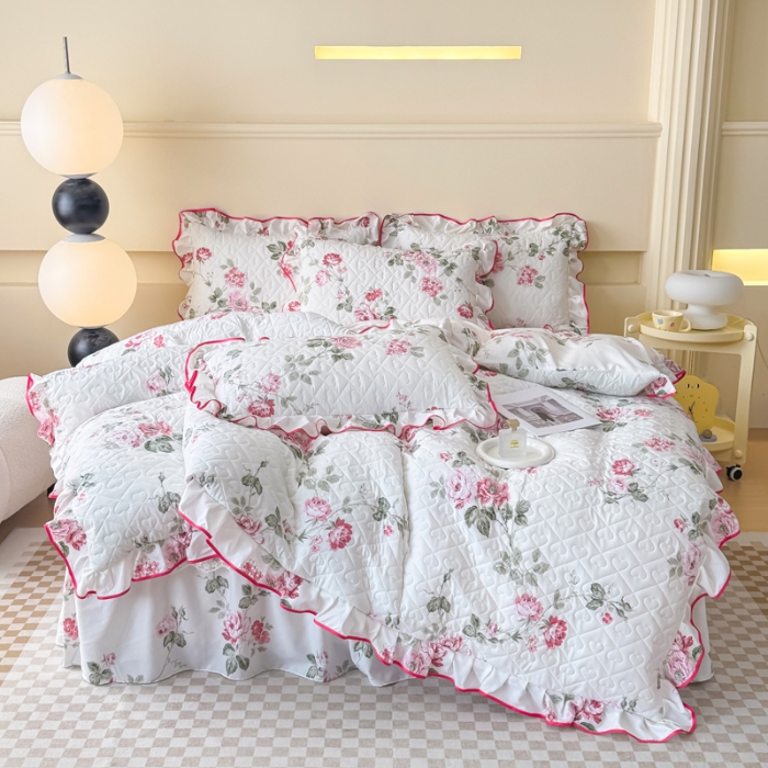 91家纺网 家纺一手货源 找家纺 （总）2025云朵棉多功能印花全夹棉床裙四件套 夹棉被套空调被蕾丝花边加棉床裙三件套枕套夏被单品