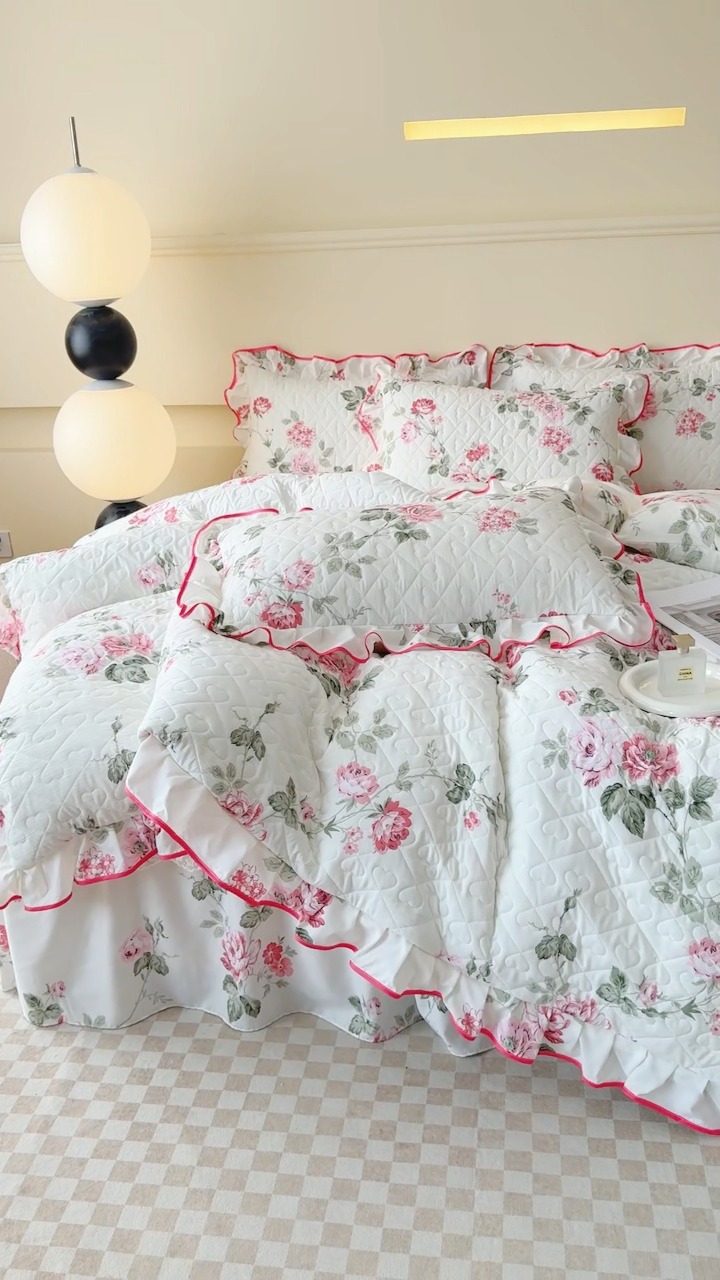 91家纺网 家纺一手货源 找家纺 （总）2025云朵棉多功能印花全夹棉床裙四件套 夹棉被套空调被蕾丝花边加棉床裙三件套枕套夏被单品