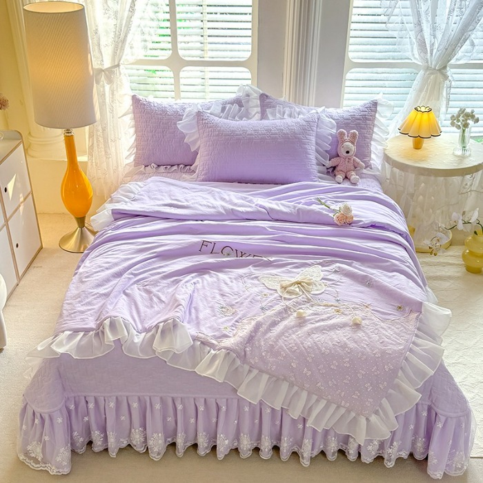 91家纺网 家纺一手货源 找家纺 漫布云家纺2025春夏新品韩版甜美公主风超柔水洗棉床盖四件套刺绣针织棉双层纱纯棉棉麻全棉少女心夹棉床裙款夏被款床盖四件套 幻蝶-梦幻紫 