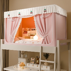 91家纺网 家纺一手货源 找家纺 （总）2025新款强遮光一体式隔音蚊帐大学生宿舍床帘上下铺通用花边窗帘学生蚊帐,米格柠檬,绿格无花果,粉格樱桃,蓝格蓝莓,小樱桃-粉,小樱桃-米,小樱桃-蓝,小樱桃-绿