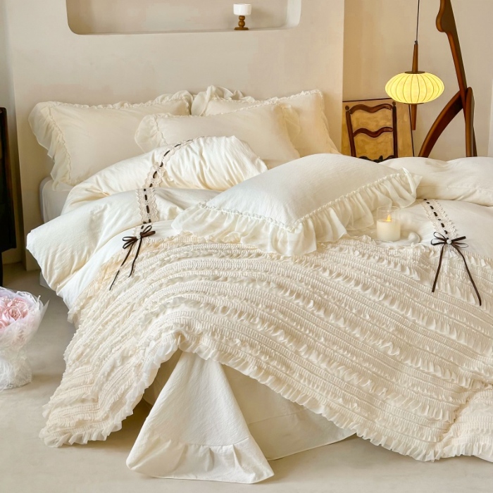 91家纺网 家纺一手货源 找家纺 （总）庭笙 2025新款仙女小清新褶皱裙边少女背带公主裙摆法式梦幻纱蕾丝四件套