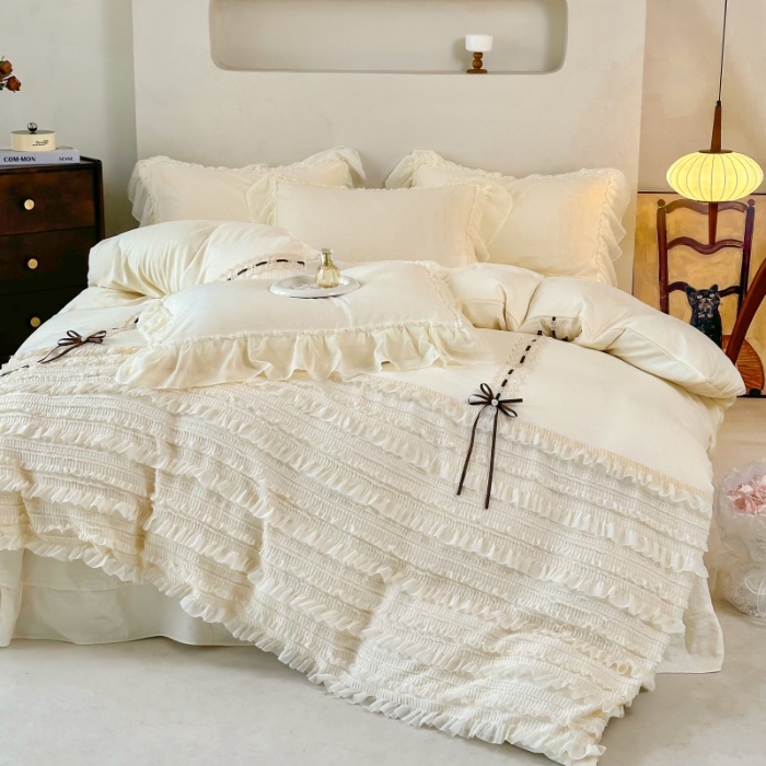 91家纺网 家纺一手货源 找家纺 （总）庭笙 2025新款仙女小清新褶皱裙边少女背带公主裙摆法式梦幻纱蕾丝四件套