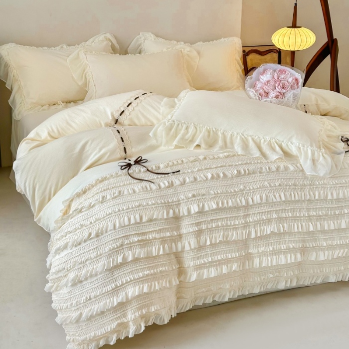 91家纺网 家纺一手货源 找家纺 （总）庭笙 2025新款仙女小清新褶皱裙边少女背带公主裙摆法式梦幻纱蕾丝四件套