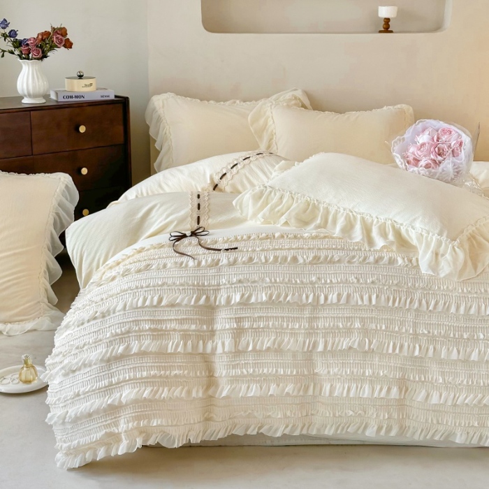 91家纺网 家纺一手货源 找家纺 （总）庭笙 2025新款仙女小清新褶皱裙边少女背带公主裙摆法式梦幻纱蕾丝四件套