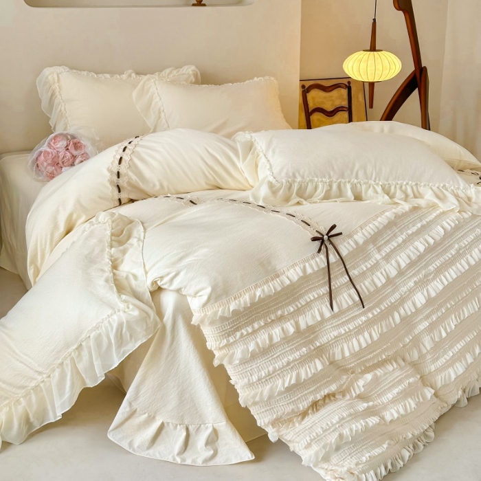 91家纺网 家纺一手货源 找家纺 （总）庭笙 2025新款仙女小清新褶皱裙边少女背带公主裙摆法式梦幻纱蕾丝四件套