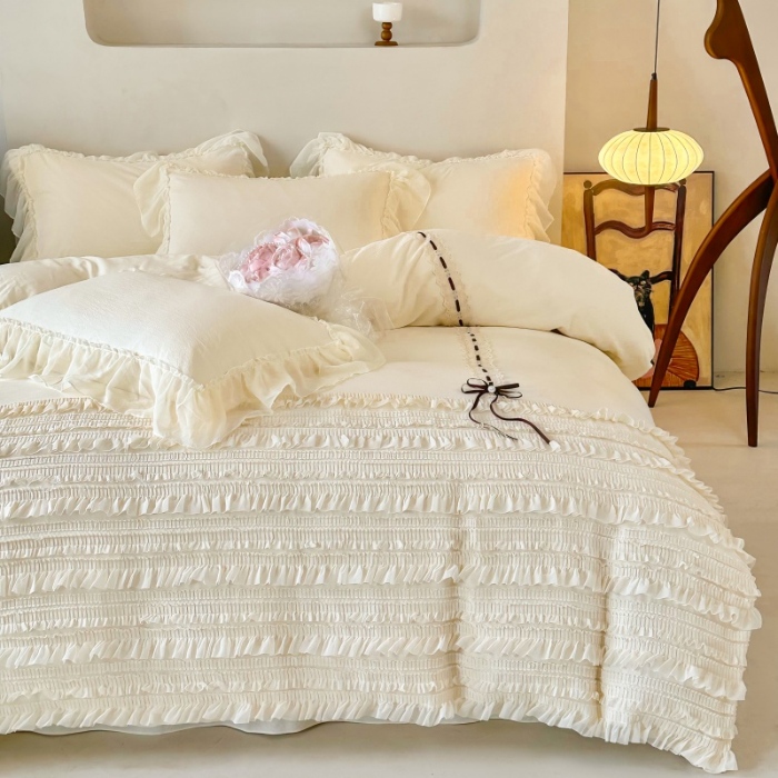 91家纺网 家纺一手货源 找家纺 （总）庭笙 2025新款仙女小清新褶皱裙边少女背带公主裙摆法式梦幻纱蕾丝四件套