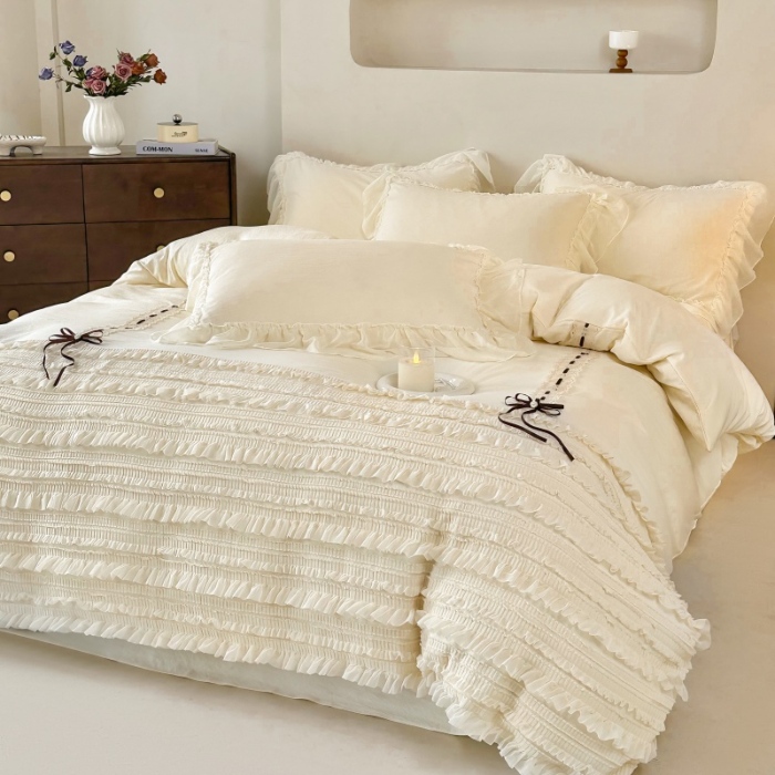 91家纺网 家纺一手货源 找家纺 （总）庭笙 2025新款仙女小清新褶皱裙边少女背带公主裙摆法式梦幻纱蕾丝四件套