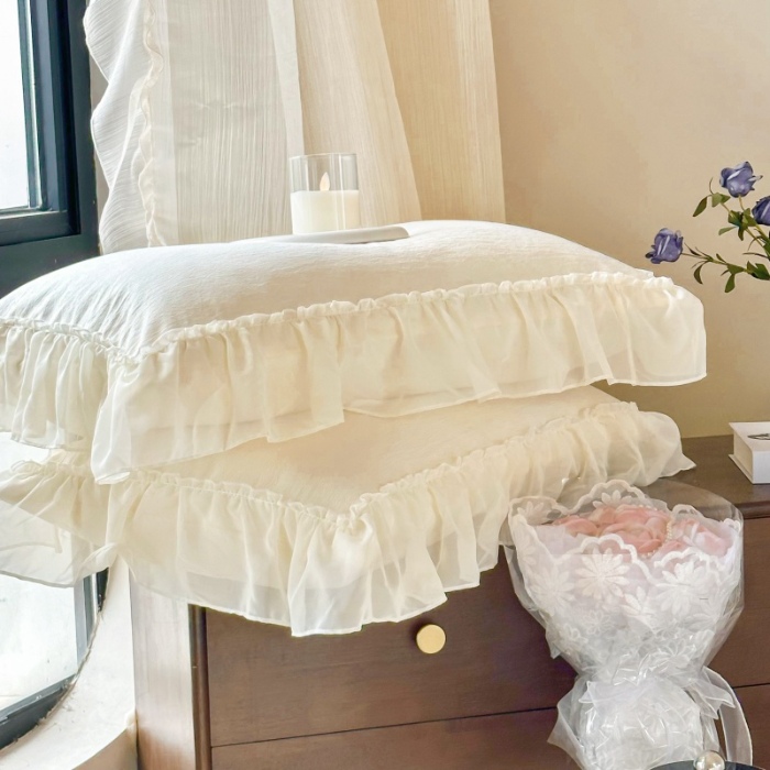 91家纺网 家纺一手货源 找家纺 （总）庭笙 2025新款仙女小清新褶皱裙边少女背带公主裙摆法式梦幻纱蕾丝四件套