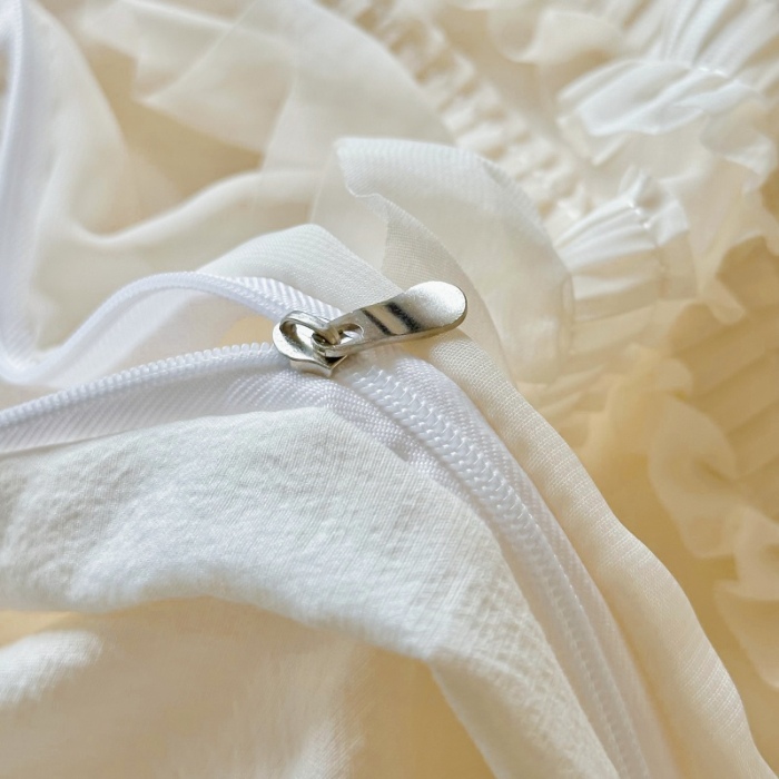 91家纺网 家纺一手货源 找家纺 （总）庭笙 2025新款仙女小清新褶皱裙边少女背带公主裙摆法式梦幻纱蕾丝四件套