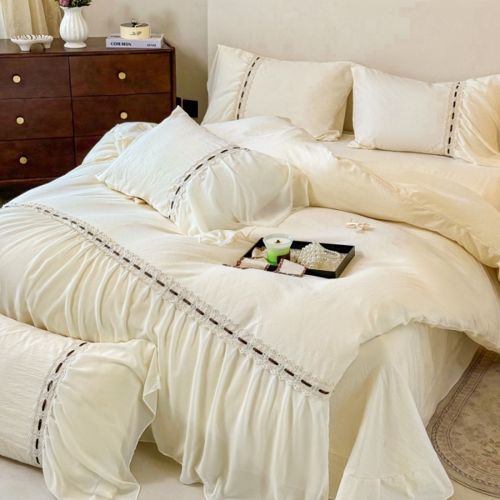 91家纺网 家纺一手货源 找家纺 （总）庭笙 2025新款法式少女全棉镂空花边仙女梦幻纱蕾丝边四件套-清甜少女