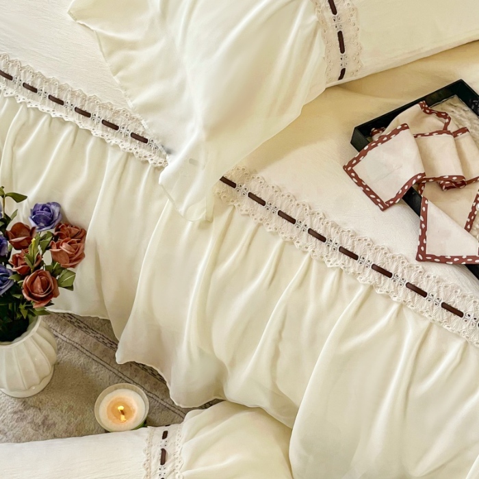 91家纺网 家纺一手货源 找家纺 （总）庭笙 2025新款法式少女全棉镂空花边仙女梦幻纱蕾丝边四件套-清甜少女