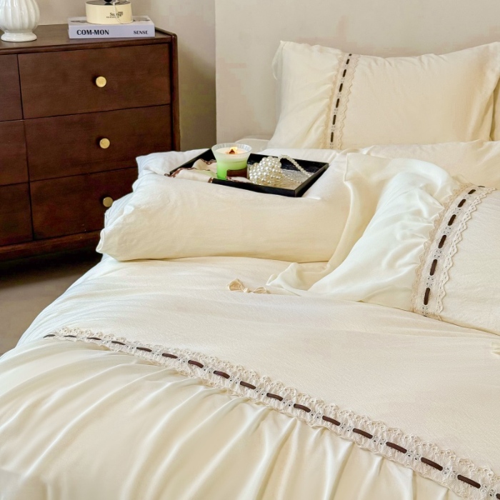 91家纺网 家纺一手货源 找家纺 （总）庭笙 2025新款法式少女全棉镂空花边仙女梦幻纱蕾丝边四件套-清甜少女