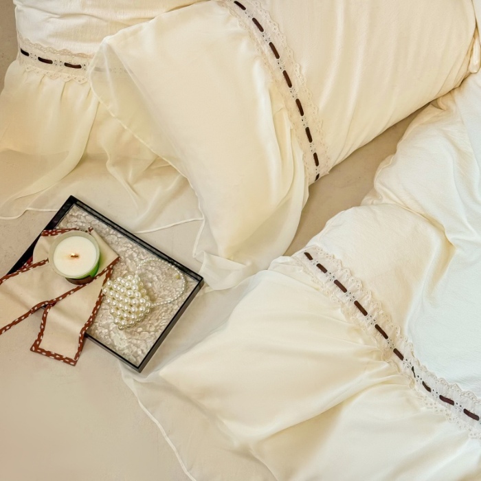 91家纺网 家纺一手货源 找家纺 （总）庭笙 2025新款法式少女全棉镂空花边仙女梦幻纱蕾丝边四件套-清甜少女