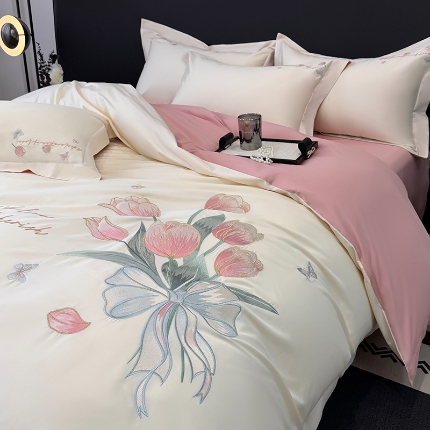 91家纺网 家纺一手货源 找家纺 （总）2025新款刺绣亲肤棉轻奢四件套 郁金花束