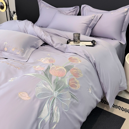 91家纺网 家纺一手货源 找家纺 （总）2025新款刺绣亲肤棉轻奢四件套 郁金花束