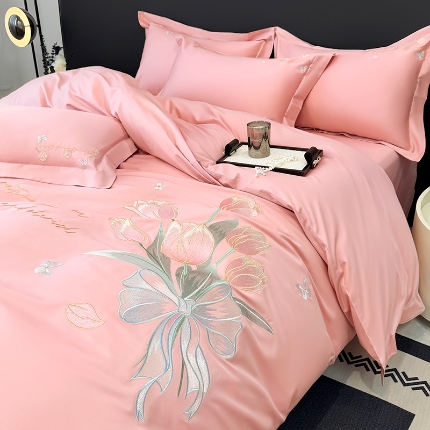 91家纺网 家纺一手货源 找家纺 （总）2025新款刺绣亲肤棉轻奢四件套 郁金花束