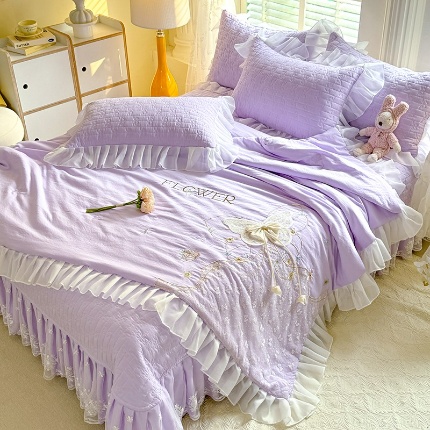 91家纺网 家纺一手货源 找家纺 （总）苏米娜家纺春夏新品韩版公主风超柔水洗棉夏被被套款夹棉床盖四件套