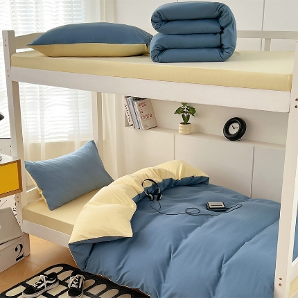 91家纺网 家纺一手货源 找家纺 （总）2025新款纯色双拼水洗棉学生三件套开学季床垫被芯床褥寝室6件套组合套装大礼包