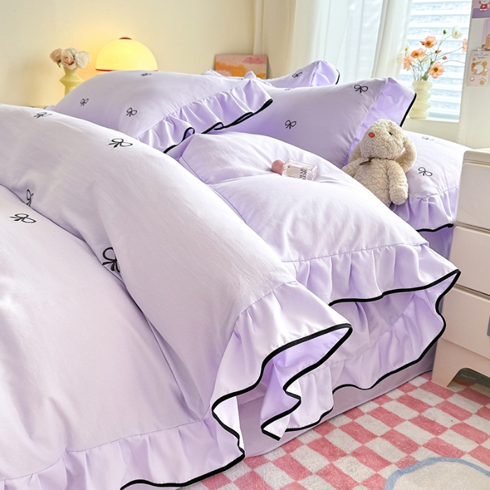 91家纺网 家纺一手货源 找家纺 漫步云家纺2026春夏新品韩版花边超柔水洗棉纯棉全棉蝴蝶结刺绣四件套 蝶儿飞飞--梦幻紫