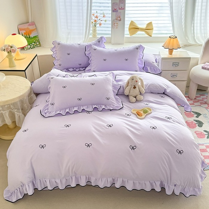 91家纺网 家纺一手货源 找家纺 漫步云家纺2026春夏新品韩版花边超柔水洗棉纯棉全棉蝴蝶结刺绣四件套 蝶儿飞飞--梦幻紫