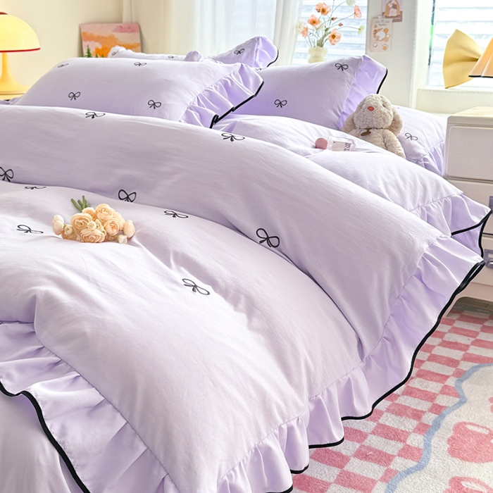 91家纺网 家纺一手货源 找家纺 漫步云家纺2026春夏新品韩版花边超柔水洗棉纯棉全棉蝴蝶结刺绣四件套 蝶儿飞飞--梦幻紫