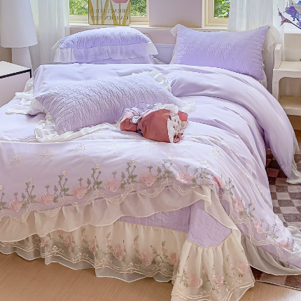 专柜品质苏米娜家纺2025春夏韩版法式公主风水洗棉床盖款多功能二合一被套 夏被床盖四件套 花恋-梦幻紫 