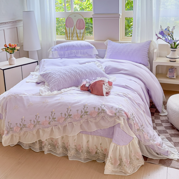 91家纺网 家纺一手货源 找家纺 专柜品质苏米娜家纺2025春夏韩版法式公主风水洗棉床盖款多功能二合一被套 夏被床盖四件套 花恋-梦幻紫 