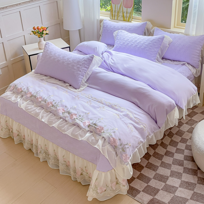 91家纺网 家纺一手货源 找家纺 专柜品质苏米娜家纺2025春夏韩版法式公主风水洗棉床盖款多功能二合一被套 夏被床盖四件套 花恋-梦幻紫 