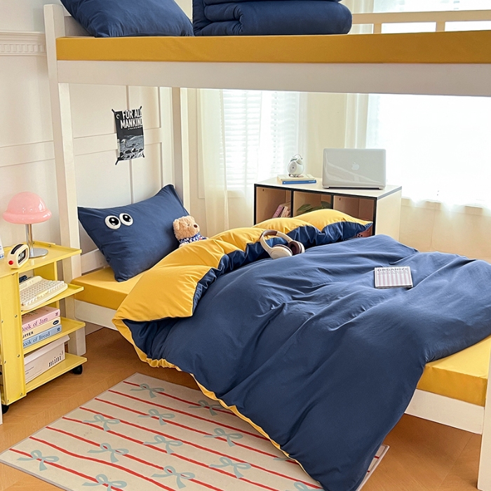 91家纺网 家纺一手货源 找家纺 （总）2025新款萌趣大眼睛毛巾绣纯色双拼水洗棉学生六件套床褥被芯枕芯开学季大礼包组合套装