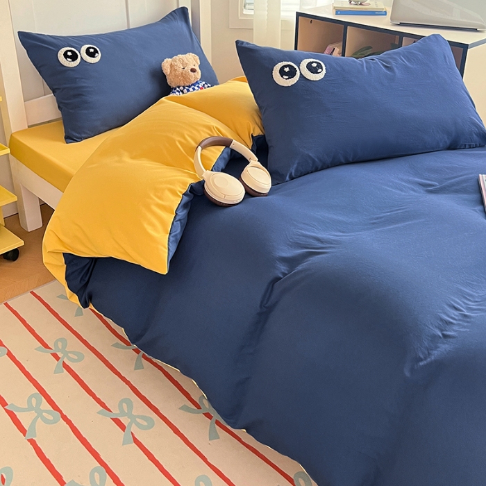 91家纺网 家纺一手货源 找家纺 （总）2025新款萌趣大眼睛毛巾绣纯色双拼水洗棉学生六件套床褥被芯枕芯开学季大礼包组合套装