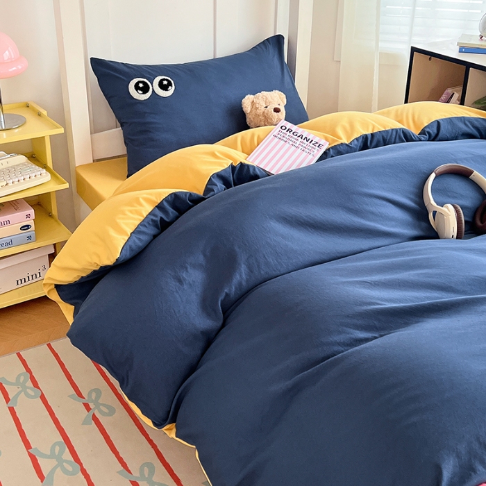 91家纺网 家纺一手货源 找家纺 （总）2025新款萌趣大眼睛毛巾绣纯色双拼水洗棉学生六件套床褥被芯枕芯开学季大礼包组合套装