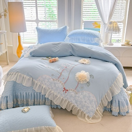 苏米娜2026春夏新品韩版公主风立体花朵超柔水洗棉刺绣蕾丝花边床盖四件套  秘密花园—婴儿蓝 