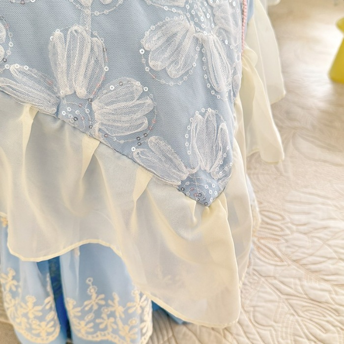 91家纺网 家纺一手货源 找家纺 苏米娜2026春夏新品韩版公主风立体花朵超柔水洗棉刺绣蕾丝花边床盖四件套  秘密花园—婴儿蓝 