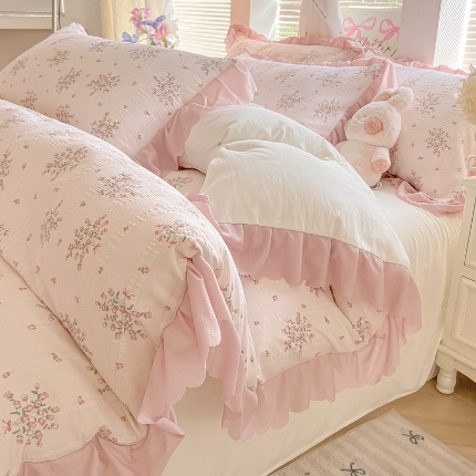 91家纺网 家纺一手货源 找家纺 （总）（含买家秀）2025年新款开学季泡泡棉小竹棉三件套韩版小清新花边款被套床单四件套床品套件