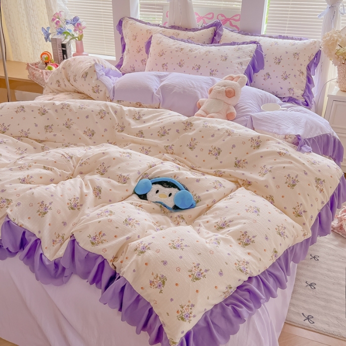 91家纺网 家纺一手货源 找家纺 （总）（含买家秀）2025年新款开学季泡泡棉小竹棉三件套韩版小清新花边款被套床单四件套床品套件