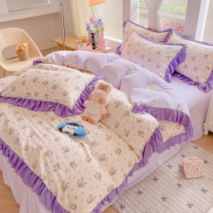 91家纺网 家纺一手货源 找家纺 （总）（含买家秀）2025年新款开学季泡泡棉小竹棉三件套韩版小清新花边款被套床单四件套床品套件