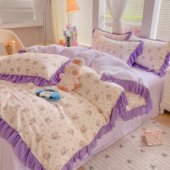 91家纺网 家纺一手货源 找家纺 （总）（含买家秀）2025年新款开学季泡泡棉小竹棉三件套韩版小清新花边款被套床单四件套床品套件