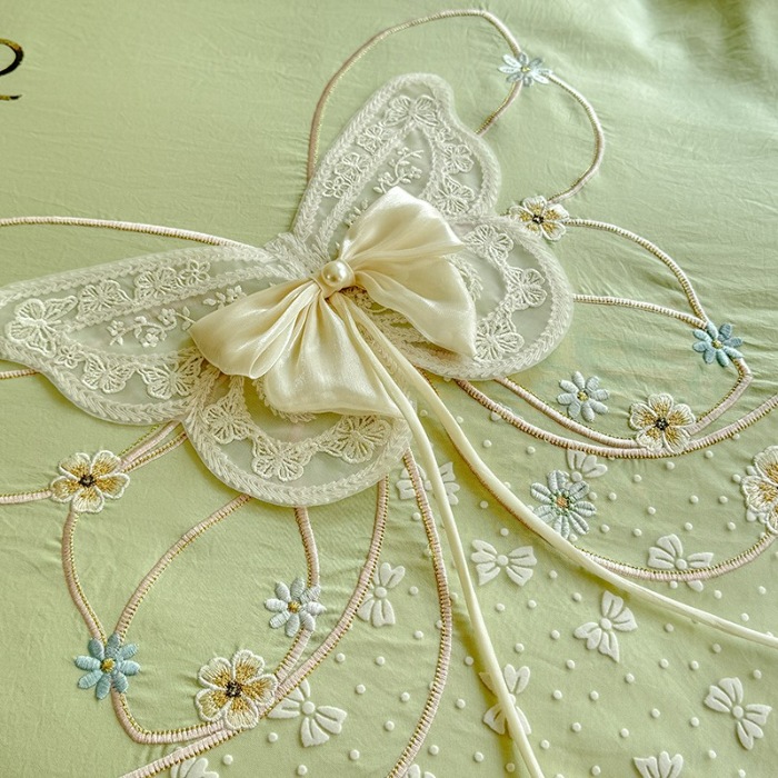 91家纺网 家纺一手货源 找家纺 苏米娜家纺2026春夏新品韩版甜美公主风超柔水洗棉床盖四件套刺绣针织棉双层纱纯棉棉麻全棉少女心夹棉床裙款夏被款床盖四件套 幻蝶-嫩芽绿 