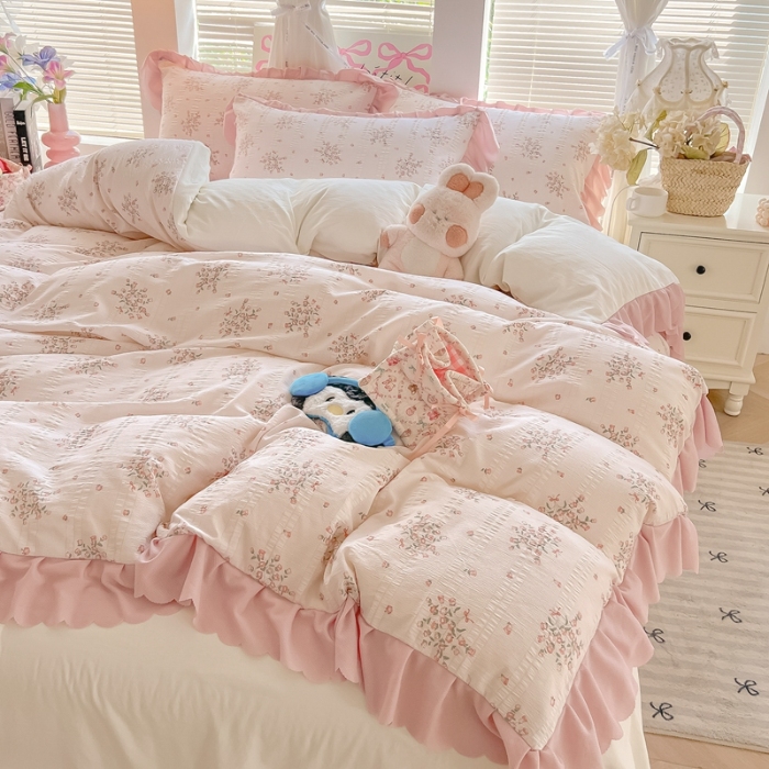 91家纺网 家纺一手货源 找家纺 （总）（含买家秀）2025年新款开学季泡泡棉小竹棉学生三件套韩版小清新田园风花边款床品套件