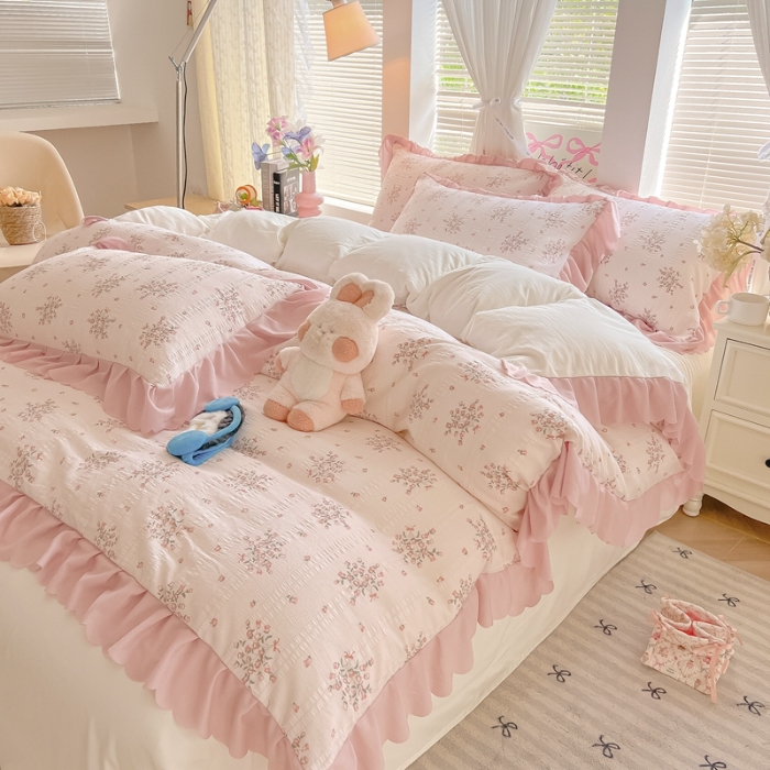 91家纺网 家纺一手货源 找家纺 （总）（含买家秀）2025年新款开学季泡泡棉小竹棉学生三件套韩版小清新田园风花边款床品套件