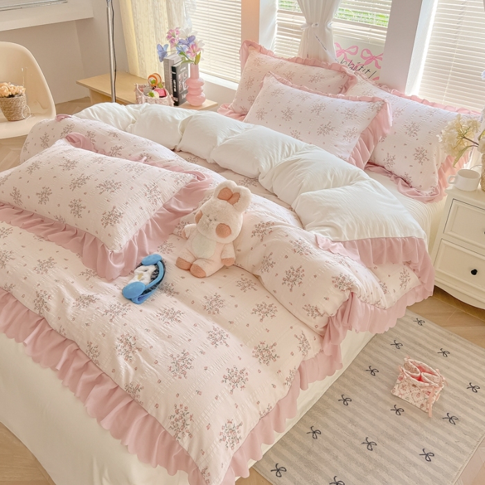 91家纺网 家纺一手货源 找家纺 （总）（含买家秀）2025年新款开学季泡泡棉小竹棉学生三件套韩版小清新田园风花边款床品套件