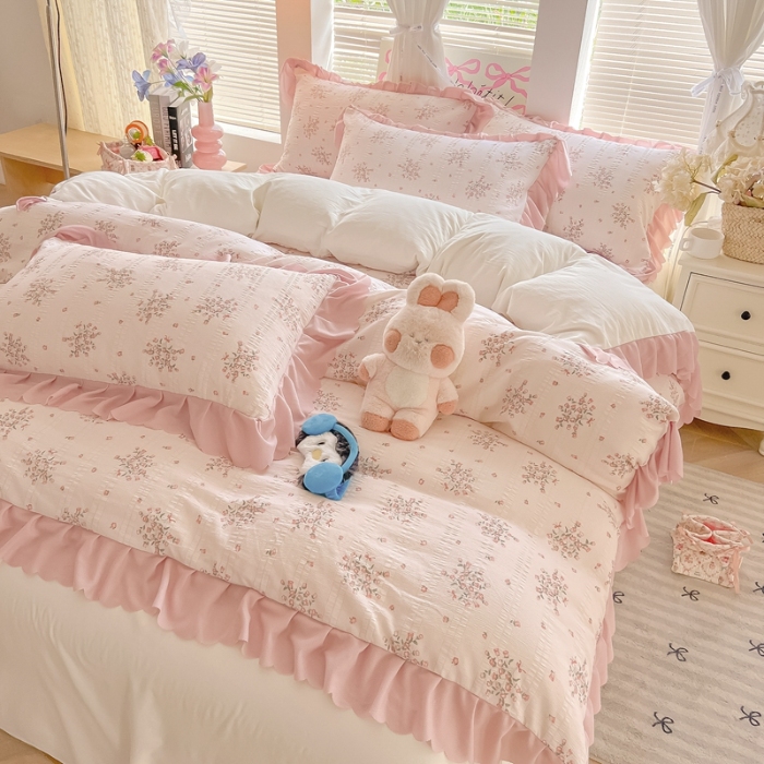 91家纺网 家纺一手货源 找家纺 （总）（含买家秀）2025年新款开学季泡泡棉小竹棉学生三件套韩版小清新田园风花边款床品套件