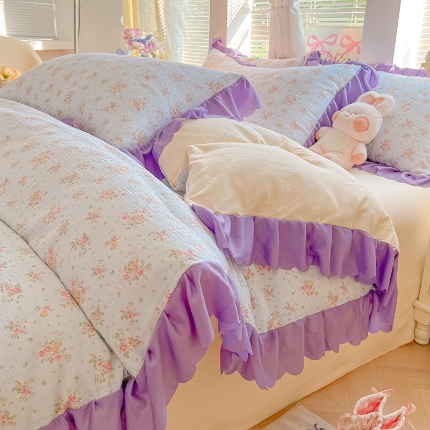 91家纺网 家纺一手货源 找家纺 （总）（含买家秀）2025年新款开学季泡泡棉小竹棉学生三件套韩版小清新田园风花边款四件套床上用品